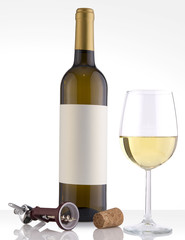 Isolated White Wine Bottle in a White Background and Glass