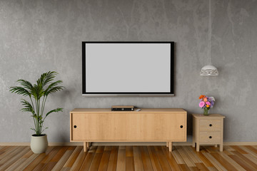 TV hanging on cabinet in living room loft style. 3D Rendering.
