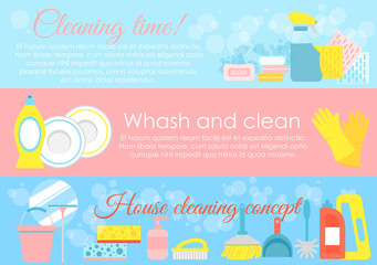 Fototapeta premium Vector illustration set of house cleaning elements, hygiene concepts with place for text and lot of icons in pastel blue and pink colors in flat style.