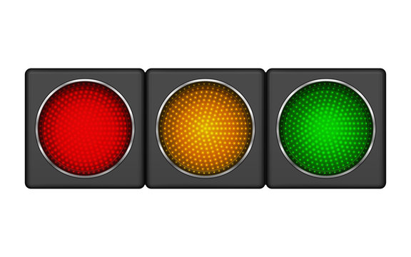 Modern horizontal led traffic light with of switching-on red, yellow, green lights.
