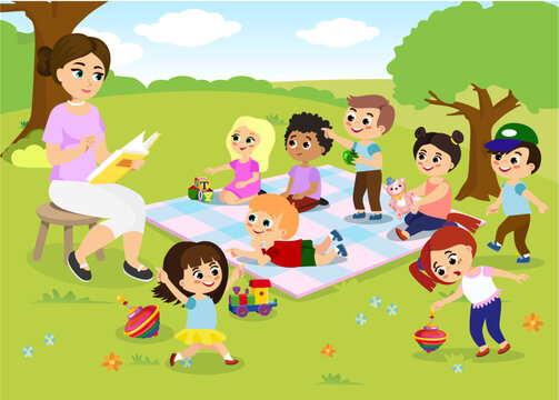 Vector illustration of children s activities at the summer camp, kids playing in the park, teacher is reading book for happy kids in flat cartoon style.