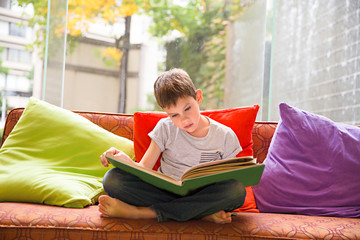 boy reading a book at home. the child engrossed in an interesting book © EvgeniiAnd