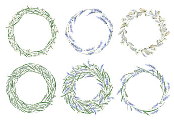 Watercolor hand drawn frame. Wreath. Card. Flowers, herbs and le