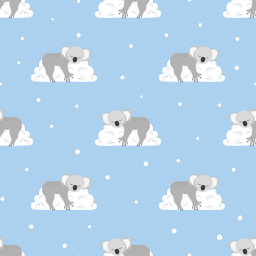 Seamless pattern with cute sleeping koala bears on the clouds. Vector background