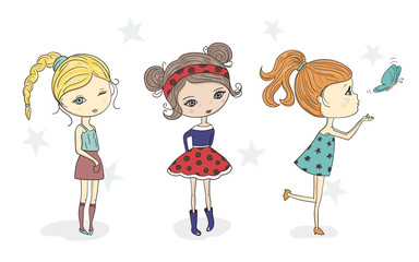 Set of cute cartoon fashion girls. Vector illustration for kids. 