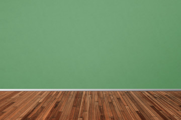 Green empty wall space with parquet floor. Mockup template. Room or studio blank space.