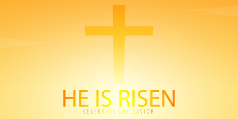 Obraz premium He is Risen. Celebrate the savior. Easter Church banner with cross, christian motive. Vector illustration