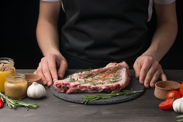 chef chef and raw pork ribs