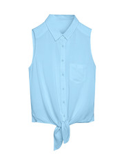 Pale light blue elegant summer sleeveless woman blouse shirt with a collar, buttons and tie...