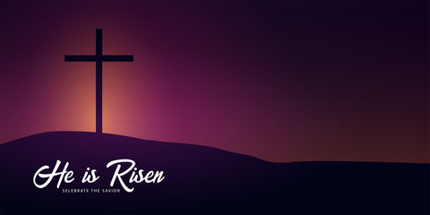 He is Risen. Celebrate the savior. Easter Church banner with cross, christian motive. Vector illustration