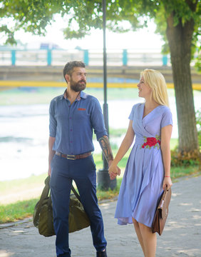 Romantic walk concept. Bearded man meet his girlfriend