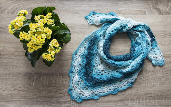 background tree flower kalandiva yellow bactus shawl crocheted azure blue blue sectional dyeing mohair merino wool acrylic yarn 