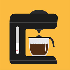 Vector black coffee maker with on yellow background. Drops making waves on the coffee surface.