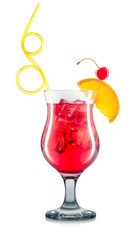 Cosmopolitan cocktail in classical glass with slice of orange, cherry and yellow tube isolated on white background with clipping path
