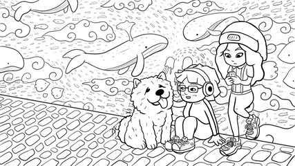 Two urban girls and a chow chow dog hanging out in front of a graffiti wall, with whales and fishes flying in the sky. Black & White version.