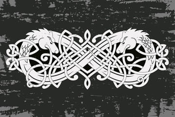 Obraz premium Celtic two-headed dragon with national ornament intertwined ribbon on a gray background with the aging effect.