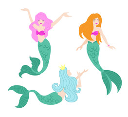 Vector illustration set of beautiful swimming mermaids with pink, blue and orange hair in different poses in flat cartoon style.