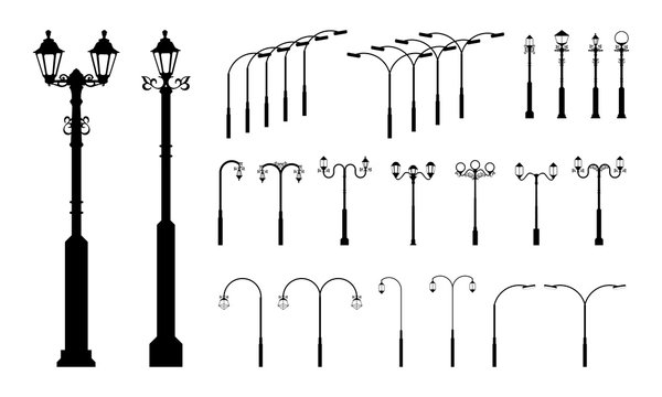set of Various Street Pole Lamp and Garden Lamp silhouette vector