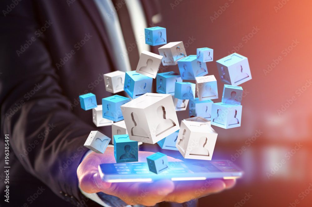 Aufkleber 3d rendering blue and white cube on a futuristic interface