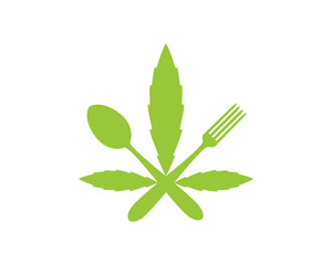 Green Marijuana Leaf with Crossed Spoon and Fork Sign Symbol Icon Logo Vector
