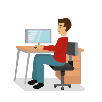 Vector illustration of businessman at the desk with a laptop and working isolated on white background in flat cartoon style.