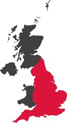 Map of United Kingdom split into individual countries. Highlighted England.