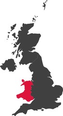 Map of United Kingdom split into individual countries. Highlighted Wales.