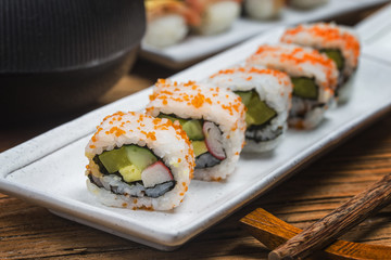 A plate of sushi on the board, Japanese food
