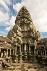 Central tower of iconic Angkor Wat temple complex in Cambodia