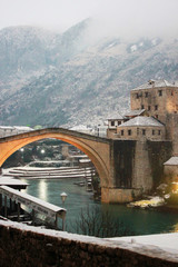 Mostar bridge in Bosnia and Herzegovina in winter.