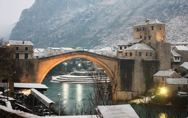 Mostar bridge in Bosnia and Herzegovina in winter.