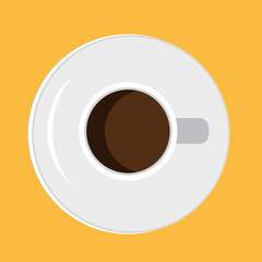 Isolated vector coffee in a cup from top view on yellow background
