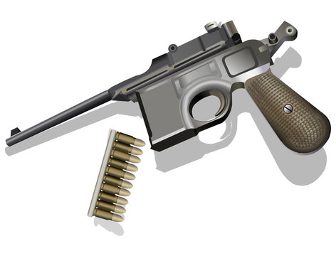 Mauser retro pistol with bullets vector illustration on white background