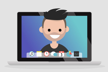 A portrait of smiling millennial on a laptop screen. Communication. Generation z. Flat editable vector illustration, clip art