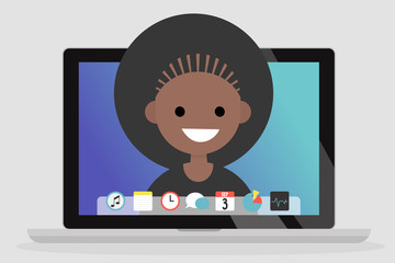 A portrait of smiling millennial on a laptop screen. Communication. Generation z. Flat editable vector illustration, clip art