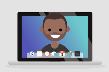A portrait of smiling millennial on a laptop screen. Communication. Generation z. Flat editable vector illustration, clip art