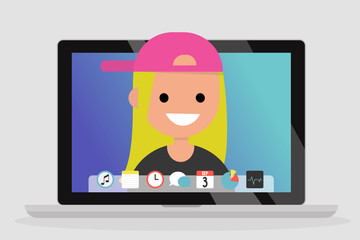 A portrait of smiling millennial on a laptop screen. Communication. Generation z. Flat editable vector illustration, clip art