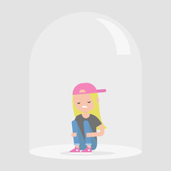 Young upset female character sitting under the glass dome. Introvert. Depression. Flat editable vector illustration, clip art