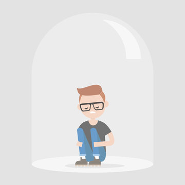 recommend clip art: Young upset character sitting under the glass dome. Introvert. Depression. Flat editable vector illustration, clip art
