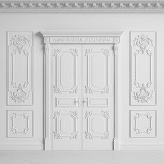 Classic interior wall with cornice and moldings.Doors with decor.Digital illustration.3d rendering
