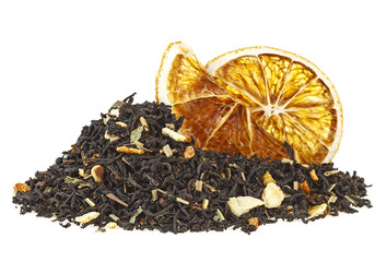 Pile of aromatic tea with dried orange fruit on white background