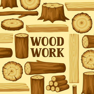 Background with wood logs, trunks and planks. Design for forestry and lumber industry