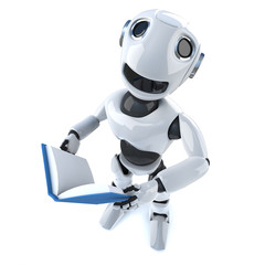 3d Funny cartoon mechanical robot character reading a book