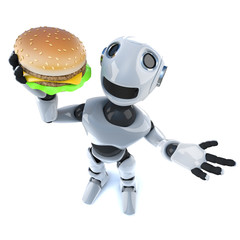 3d Funny cartoon mechanical robot character holding a cheese burger fast food snack