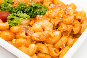 Cost-up Stir fried macaroni with prawn  box set isolated on white background. It copy space and selection focus.