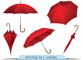 Set of vector red umbrellas - obrazy, fototapety, plakaty