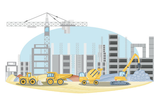 Under construction zone with construction trucks over white background, colorful design vector illustration