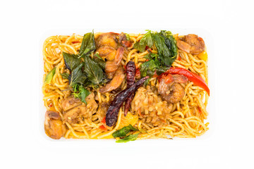 Cost-up Spaghetti with spicy prawn box set isolated on white background. It copy space and selection focus.