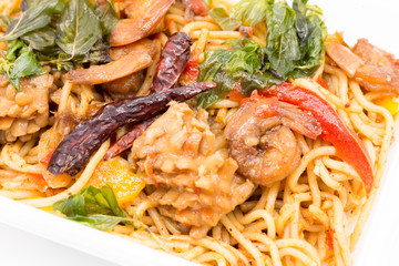 Cost-up Spaghetti with spicy prawn box set isolated on white background. It copy space and selection focus.