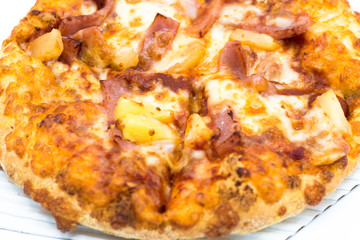 Cost-up  Hawaiian pizza box set isolated on white background. It copy space and selection focus.